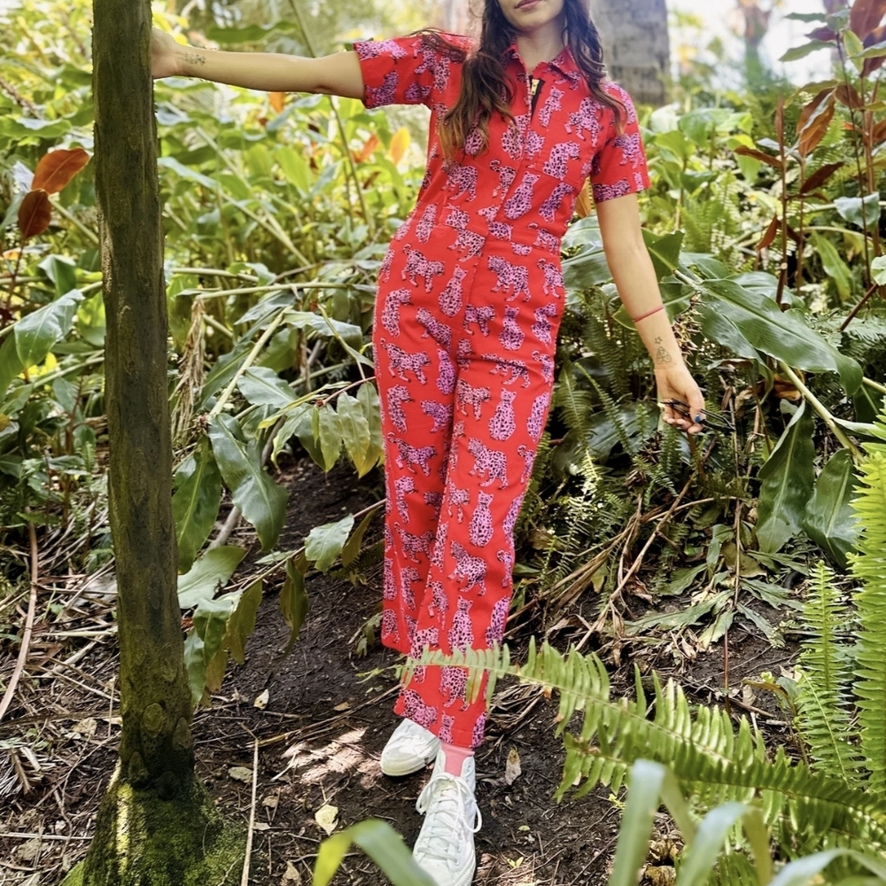 Nooworks Red Leopard Cheetah Print Jumpsuit Sondler Cat Medium Twill Coveralls